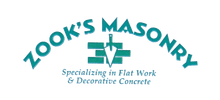 Zook’s Masonry logo with teal text and a trowel icon; “Specializing in Flat Work & Decorative Concrete”