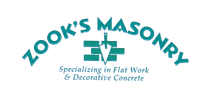 Zook's Masonry logo with teal cross and text: &ldquo;Specializing in Flat Work & Decorative Concrete&rdquo;