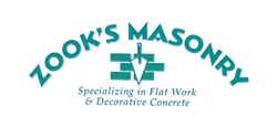 Zook's Masonry logo with teal cross and text: &ldquo;Specializing in Flat Work & Decorative Concrete&rdquo;