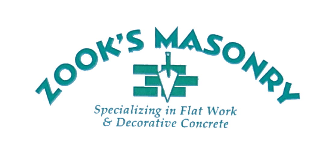 Zook’s Masonry logo with teal text and a trowel icon; “Specializing in Flat Work & Decorative Concrete”